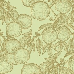 Apple tree branch. Line art, sketch, engraving, line art. Seamless pattern. Isolated vector illustration.