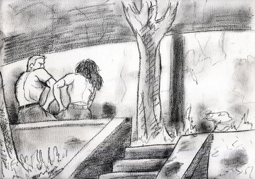 Illustration of a couple seated on a short wall beside a staircase and tree, at the Brazilian city of Sao Paulo, in comics style. Pencil drawing.