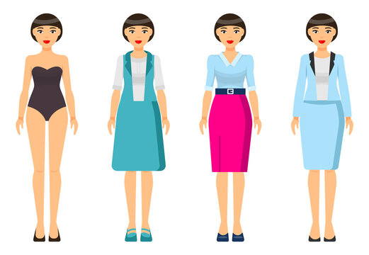 Cartoon characters. Woman brunette with short haircut wearing different clothes. Girl in underwear. Businesslady wear business and home dress, skirt and blouse, office suit with jacket. Set of clothes
