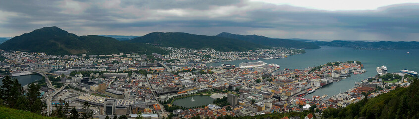 Fototapeta na wymiar panorama of the city Bergen, capital of the fjords norway, urban landscape from a natural park located on a mountain