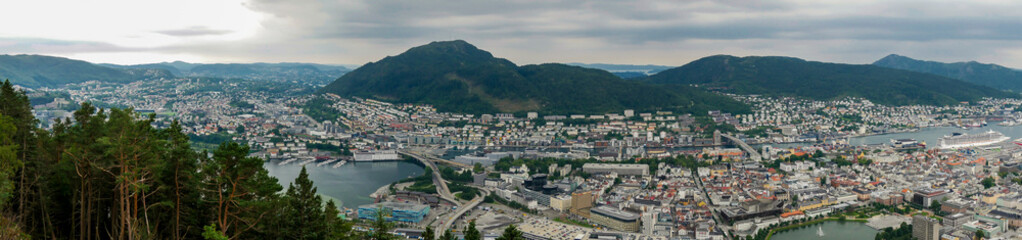 Fototapeta na wymiar panorama of the city Bergen, capital of the fjords norway, urban landscape from a natural park located on a mountain