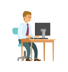 Male office worker typing on computer, isolated vector person in cartoon style. Man sitting on chair at table, businessman at work in tie and shirt
