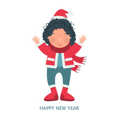Cute girl enjoying winter. Christmas and New Year card. flat vector illustration