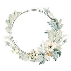 Watercolor floral frame. Hand painted wreath of white anemone, succulent, ranunculus, peony bouquet set. Flower, eucalyptus leaves and berries . Botanical illustration for design, print or background