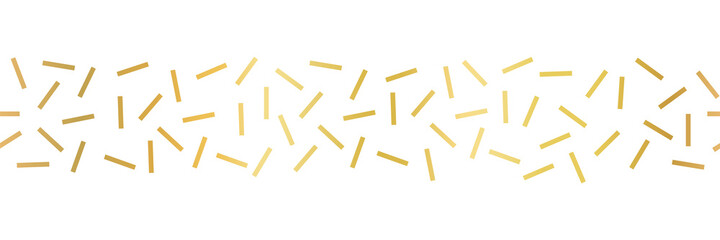 Seamless border with faux gold foil sprinkles. Repeating horizontal decorative banner pattern metallic golden shiny rectangle shapes. Vector elements for footer, frame, trim, party decor, elegant card
