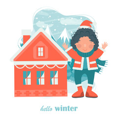 Cute girl enjoying winter. Christmas and New Year card. flat vector illustration