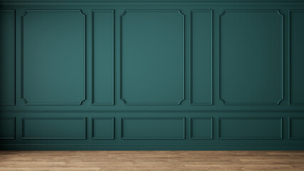 Modern classic green empty interior with wall panels and wooden floor. 3d render illustration mock up. - obrazy, fototapety, plakaty