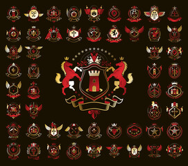 Heraldic Coat of Arms vector big set, vintage antique heraldic badges and awards collection, symbols in classic style design elements, family or business logos.