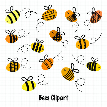 Cute Bees Children Illustration, Bee insect vector elements, Cute Bees clipart. Commercial clipart.