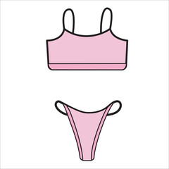 Stock Vector graphics. Set of pink colored womens thong panties with sports bra, cute hand drawn flat lingerie illustration isolated on white background.