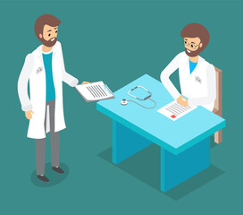 Two doctors talking, physician with clipboard standing near table with sitting smiling colleague. Doctor holding anamnesis or results of tests. Communication of two medical workers isolated at green