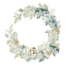 Fototapeta premium Watercolor christmas floral wreath. Hand painted winter frame of white and blue leaves, cones and berries isolated on white background. Botanical illustration for design, print or background