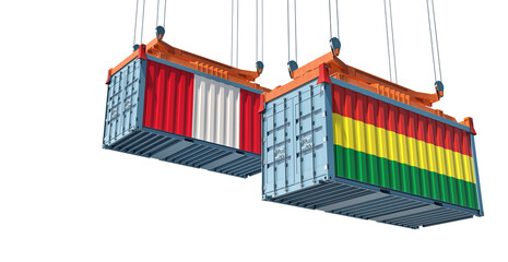 Freight containers with Peru and Bolivia national flags. 3D Rendering 