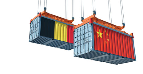 Freight containers with China and Belgium national flags. 3D Rendering 