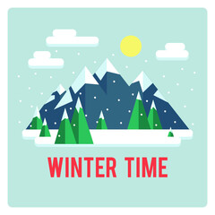 Snowy Landscape Ski Resort. Vector Illustration Night in Mountains. Flat Design Style Winter Background