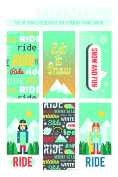 Set of template designs for flyer or phone cover. Cute flat style. Snowboarding and winter time.