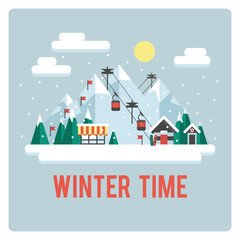 Naklejka premium Snowy Landscape Ski Resort. Vector Illustration Night in Mountains. Flat Design Style Winter Background