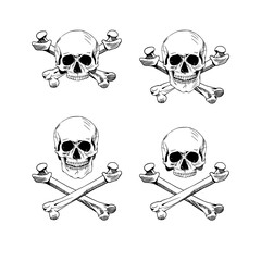Hand drawn illustration skulls. Hand drawn set of skulls and bones. Vector art. Vector black and white tattoo skull illustration