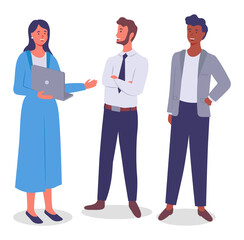 Office workers. Colleagues communicating. Woman with laptop talking, discussing new project, plan, startup with colleagues, partners. Mix race people planning strategy, teamwork, brainstorming time