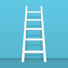 Wooden ladder with shadow stand near wall. Wood step ladders stand near white wall. Vector illustration in modern flat style, isolated on white background. EPS 10.