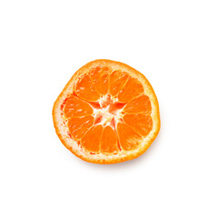 Half tangerine fruit isolated on white background, top view. Citrus reticulata, mandarin orange, clementine. Citrus fruits