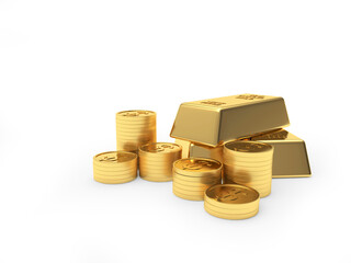 Heap of gold bars and coins stacked in piles isolated on a white background. 3D illustration