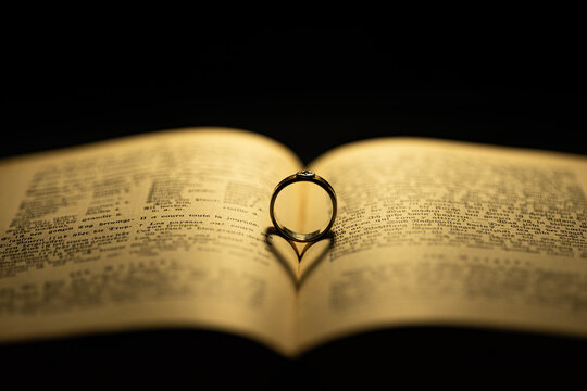 old book and heart shadow with an old saphire ring
