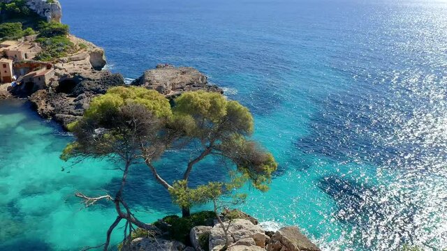Aerial view, flight at Cala d'es Moro, rocky coast at Cala de s'Almonia, nature reserve Cala Llombards, Mallorca, Balearic Islands, Spain