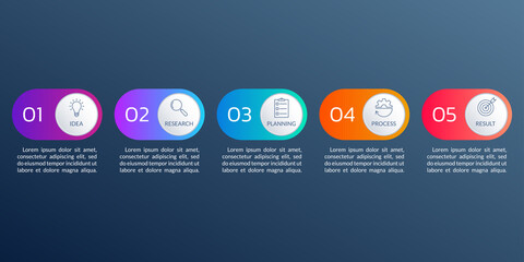 5 step or option infographic elements with business icons and text. Timeline info graphic, flow chart, layout, finance workflow template. Vector illustration.
