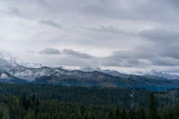 Fototapeta na wymiar Panoramic view of beautiful winter mountain landscape in the Tatras mountain in poland zakopane