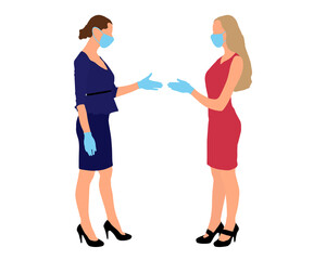 Business in pandemic of disease. Two businesswomen shaking hands in medical gloves and medical masks on face. Flat design. Partnership concept. Isolated. Vector illustration