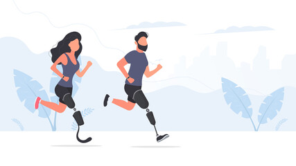 Obraz premium A guy and a girl with prosthetic legs are running through the park. The concept of a fulfilling life without the lost limbs of the body. Vector.