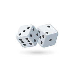 Two white dice in realistic style. Game dices icon in flight closeup isolated on white background. Casino gambling design template for app, web, infographics, advertising. Vector illustration EPS 10.