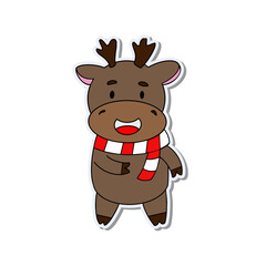Cheerful fawn with a scarf. Funny sticker with a deer. Good for postcards, children's books and stickers. Vector.