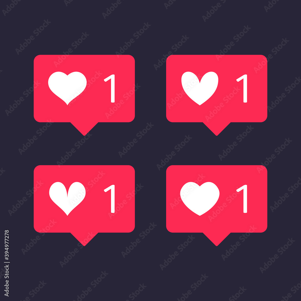 Poster web heart icon notification set. social media like vector sign. red bubble notification icons set fo
