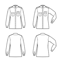 Shirt military technical fashion illustration with epaulette, flaps angled pockets, elbow fold long sleeve, relax fit, button-down, collar. Flat template front, back white color. Women men unisex top