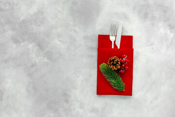 Table setting for new year with decorations and champagne   background on gray stone