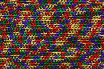 Fototapeta na wymiar threads background: a close-up of a multi-colored wool knitted sweater