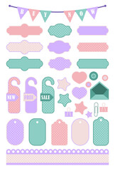 Fototapeta na wymiar Vector stickers, price tag, banner, label. Coupon sale, offers and promotions vector template. Set for scrap-booking.