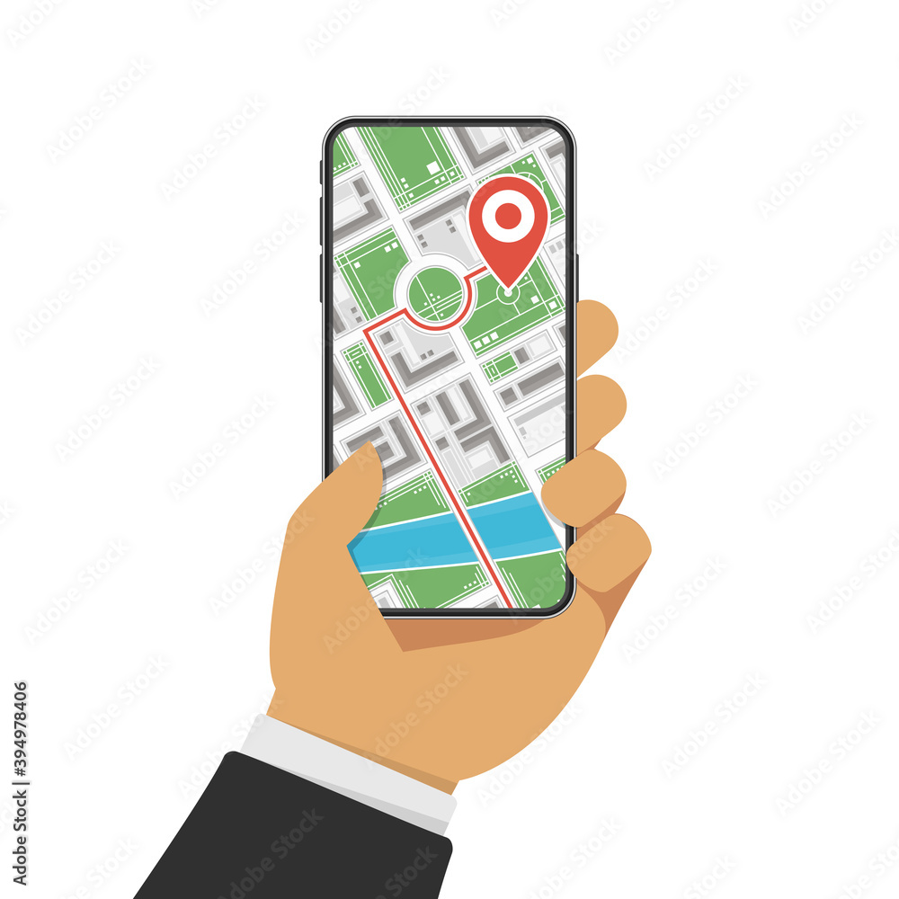 Poster mobile navigation or maps app concepts. smartphone with map on screen and red gps dot, isolated on a