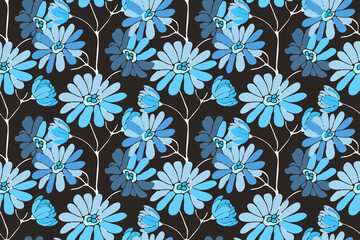 Vector floral seamless pattern. Delicate flower background. Blue flowers on dark background.