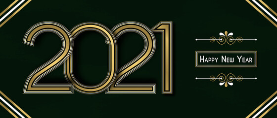 Happy New Year 2021 gold artdeco line frame banner