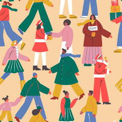 Obraz na płótnie Canvas Christmas diverse people crowd seamless pattern