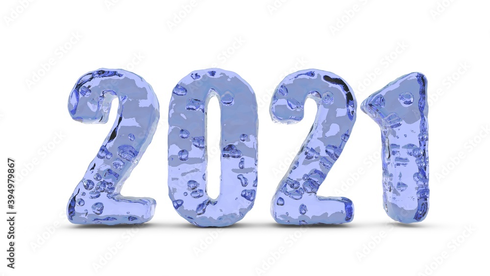 Poster 3d rendering of the 2021 new year's date from clear water with air bubbles. the idea of an environme