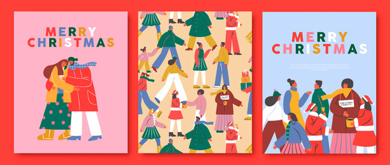 Merry Christmas card set of happy holiday people