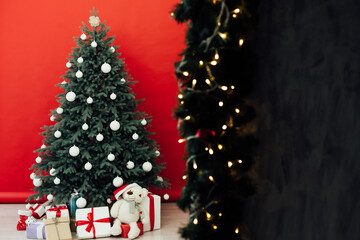 Christmas tree with presents underneath in living room. White room.
