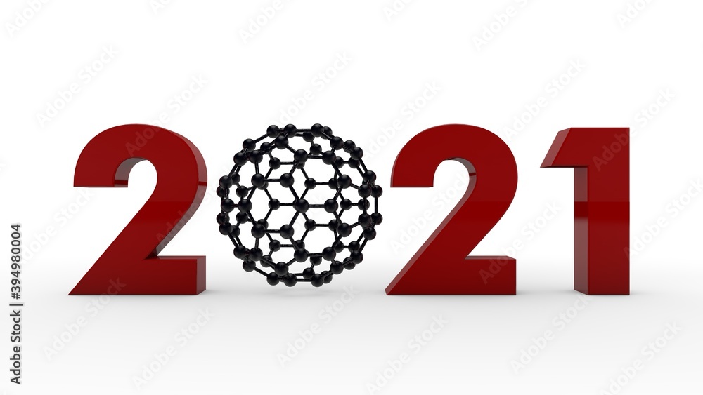 Poster 3d rendering of the red date 2021 with a graphene molecule instead of zero. symbol of the new year, 