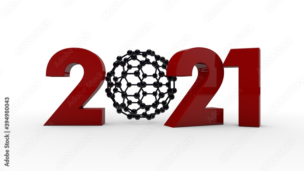 Poster 3d rendering of the red date 2021 with a graphene molecule instead of zero. symbol of the new year, 