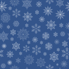 Winter snowflakes on the blue background. Seamless pattern. Decor swatch for your design. Vector illustration.
