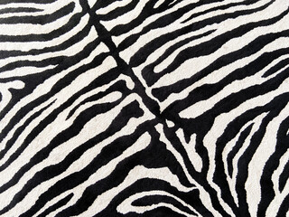 Fototapeta na wymiar Black and white textured on fabric like zebra skin line shapes. Concept fake nature wildlife animal print textile background on carpet for decoration interior elements design.